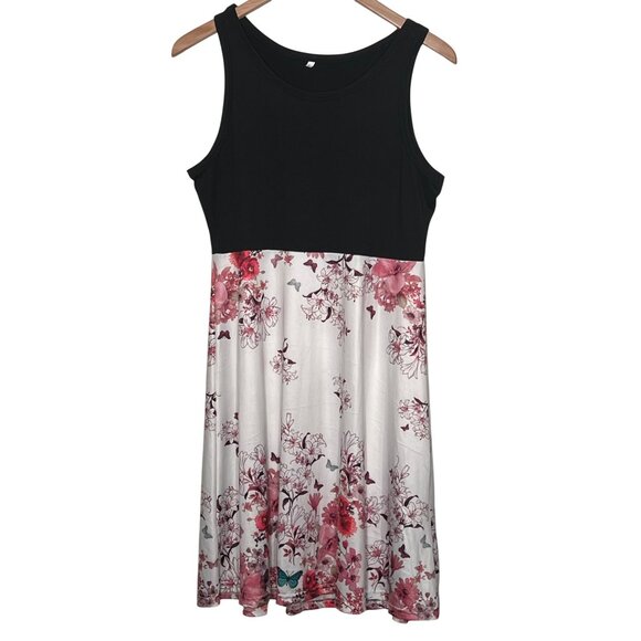 Sleeveless Black & Floral Butterfly Print Stretch Summer Lightweight Dress Large - Picture 1 of 12